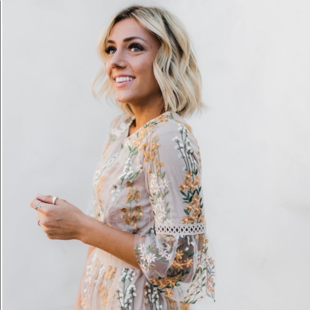 THE FULL BLOOM EMBROIDERED DRESS IN CHAMPAGNE